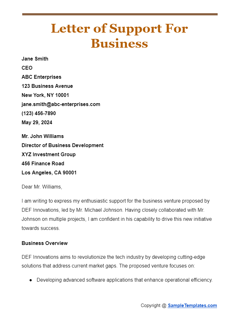 letter of support for business