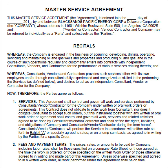 master service agreement sample contract