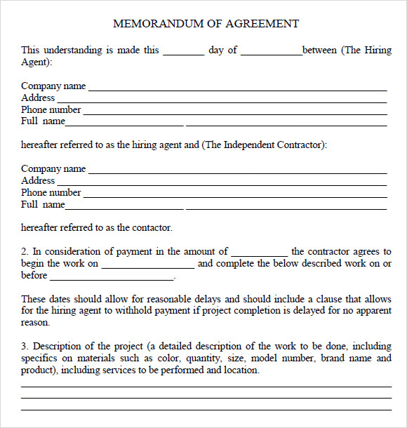 memorandum of agreement form