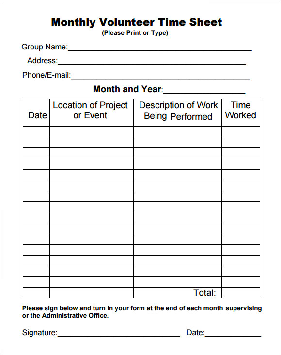 monthly volunteer timesheet template