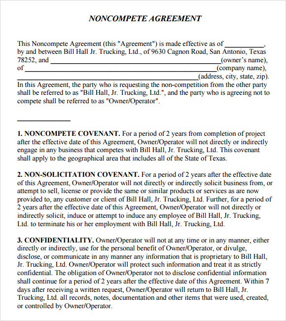 Free Non Compete Agreement Template