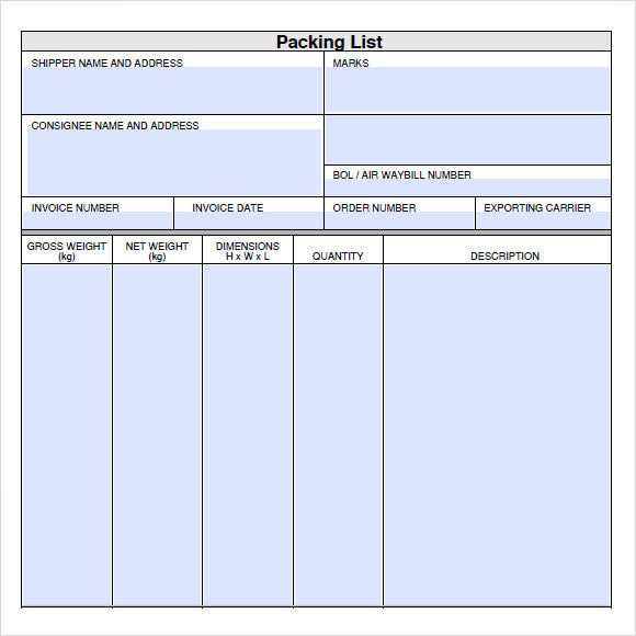 packing list template pdf