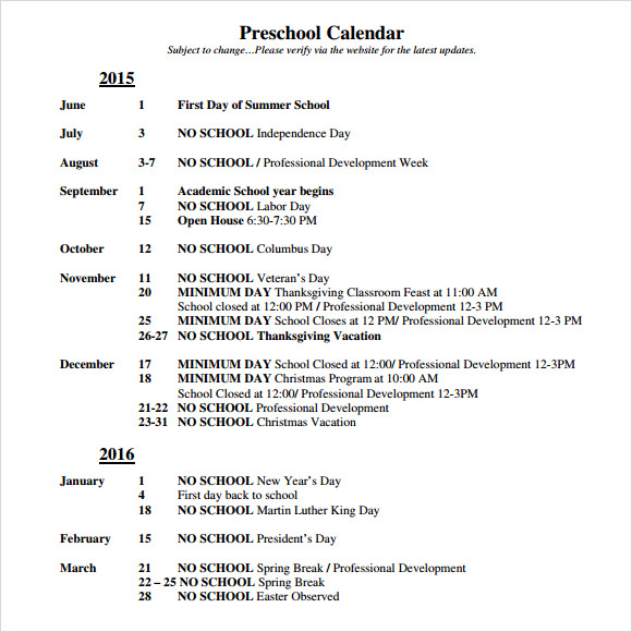 FREE 17+ Preschool Calendar Templates in Google Docs | MS Word | Apple ...