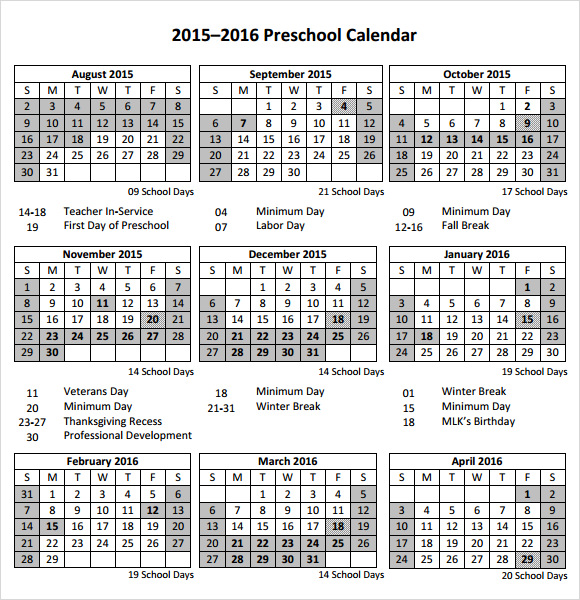 preschool calendar template printables