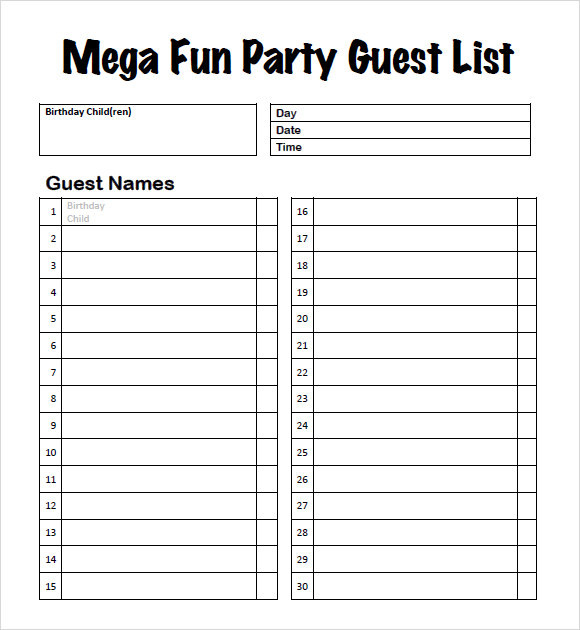 Printable Guest List Template