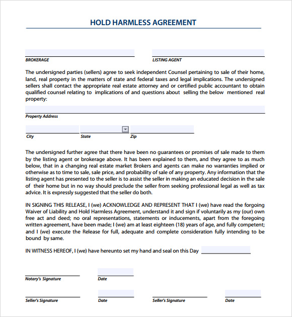 Free Printable Hold Harmless Agreement Form For Real Estate In Austin Tx