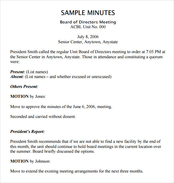 Board Meeting Minutes Format Template