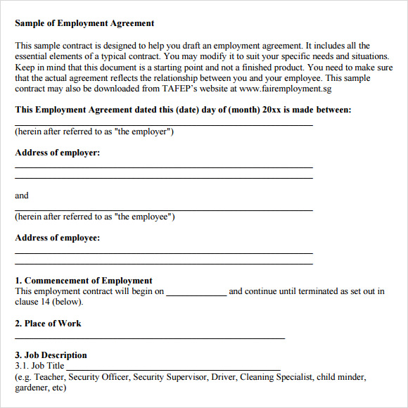 sample employment agreement template
