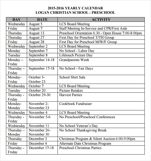 sample preschool calendar template