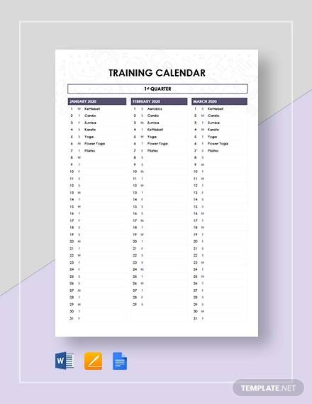 sample training calendar template