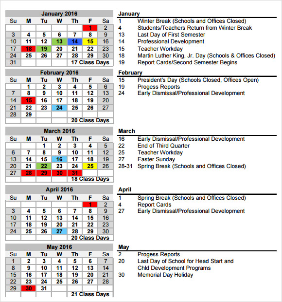 school academic calendar template