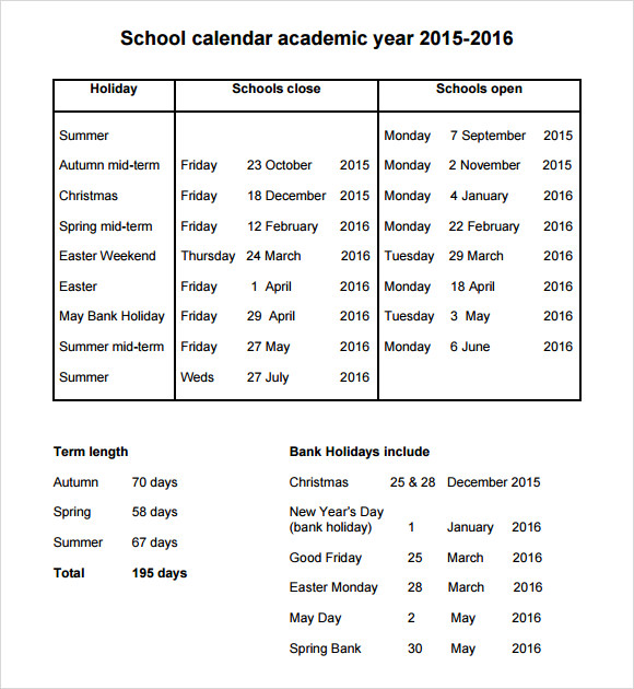 school annual calendar template 2016