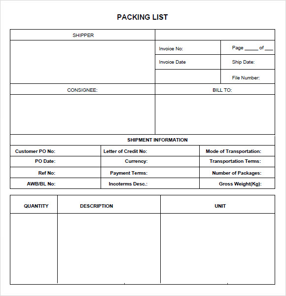 packing list template word