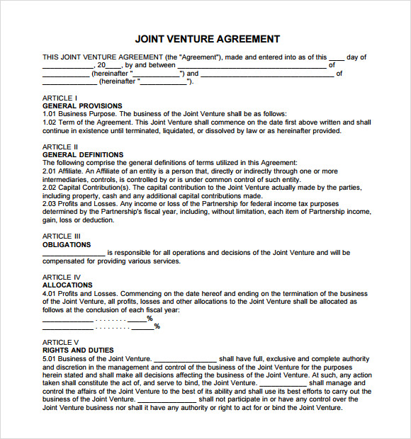 simple joint venture agreement template