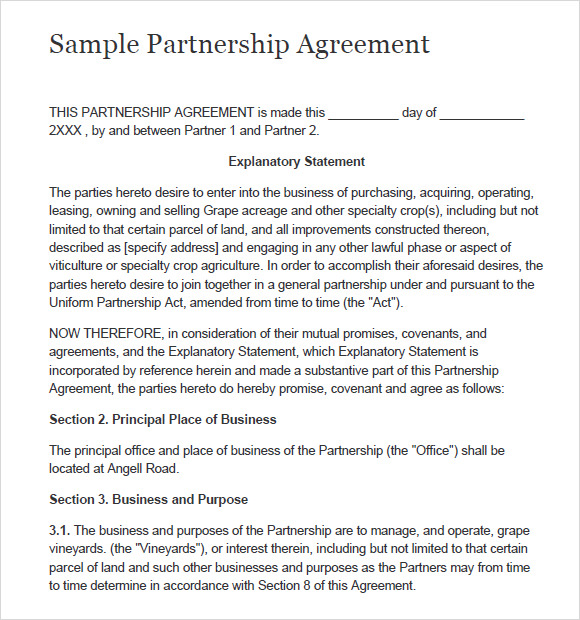 8 Sample Partnership Agreements Sample Templates 2001