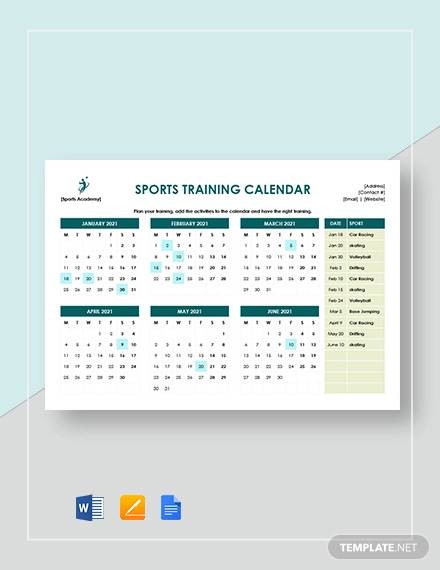 sports training calendar template