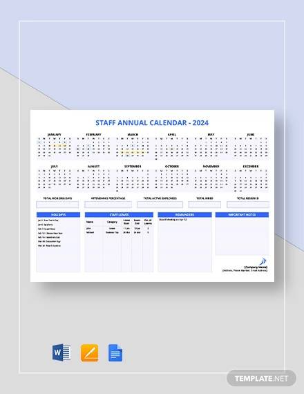 staff annual calendar template