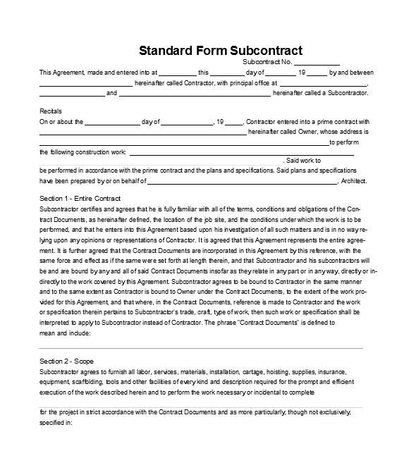 standard form subcontract in excel
