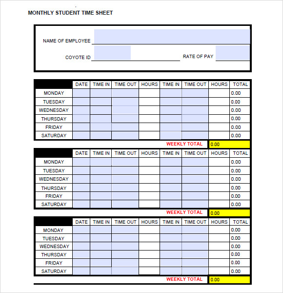 student monthly timesheet template