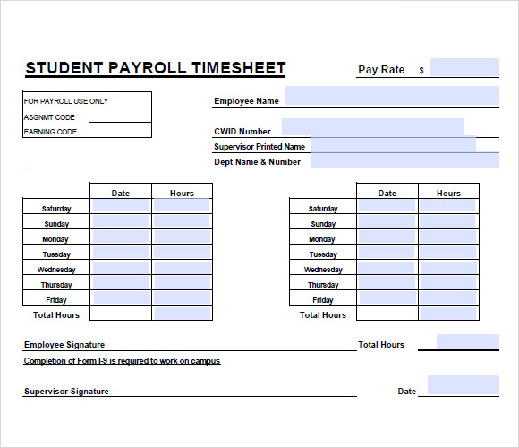 student payroll timesheet template