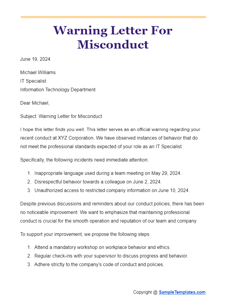 warning letter for misconduct
