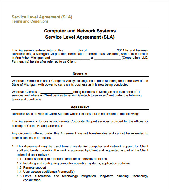 Example Of A Catering Service Level Agreement Template