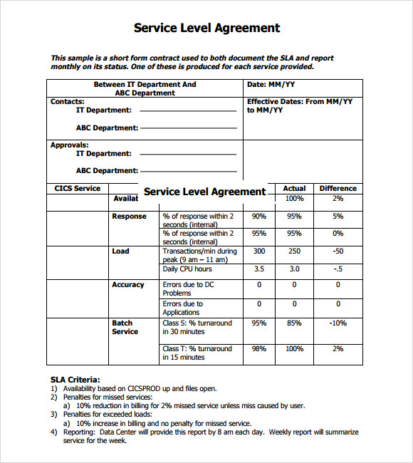 Service Level Agreement – 8+ Free Samples , Examples & Format