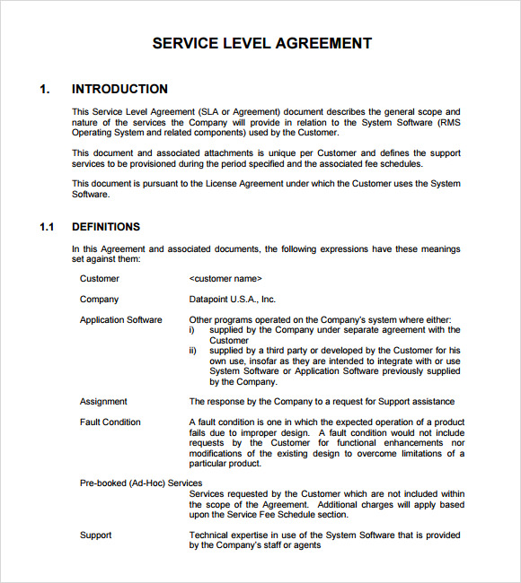 Standard Sla Agreement Template