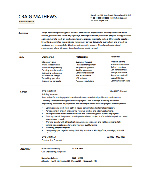 Free 7 Sample Engineering Cv Templates In Pdf