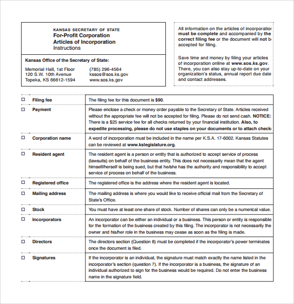 articles of incorporation free download