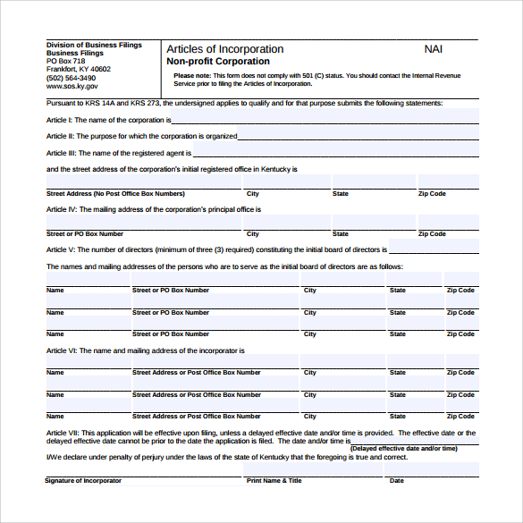 How to write article of incorporation for a non profit