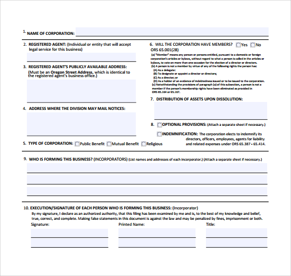 articles of incorporation to print