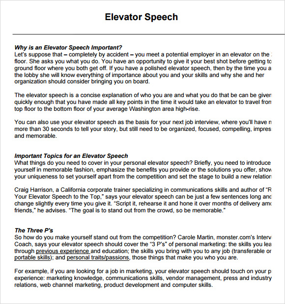 elevator speech example for an interview