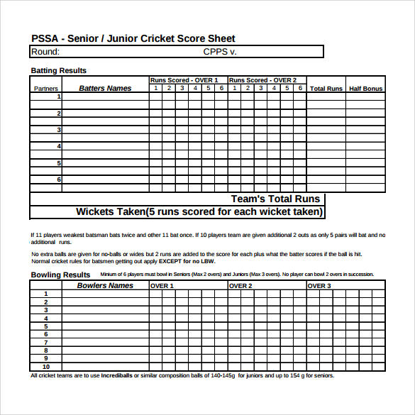 junior cricket score sheet