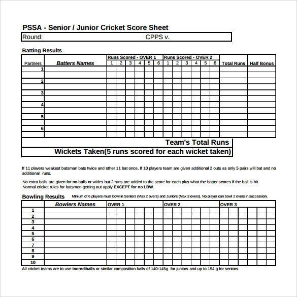 cricket score sheet for 8 overs pdf 2players