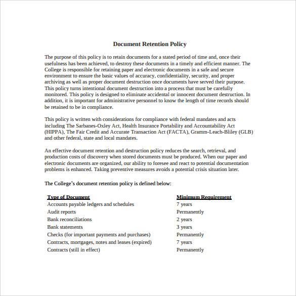 document policy destruction sample Document Templates 13  Policy Sample  Retention  Samples