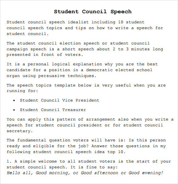 high school student council speech examples