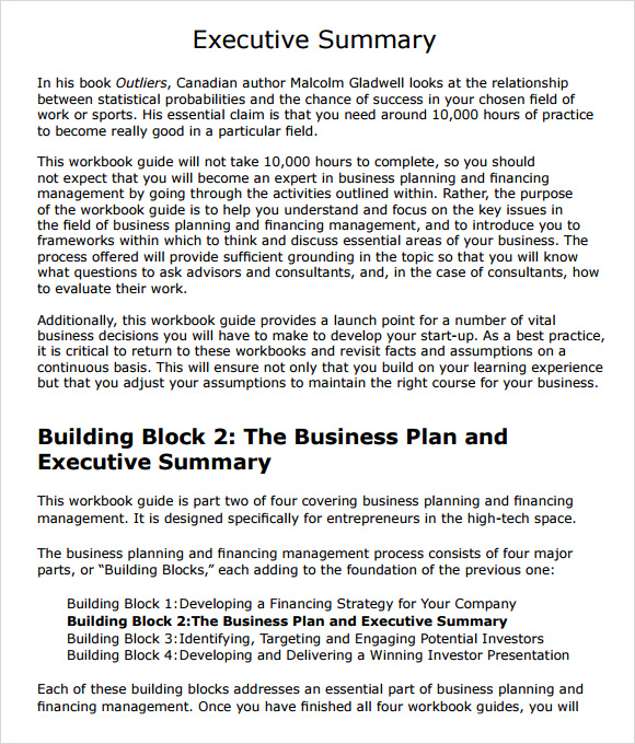 business plan executive summary example