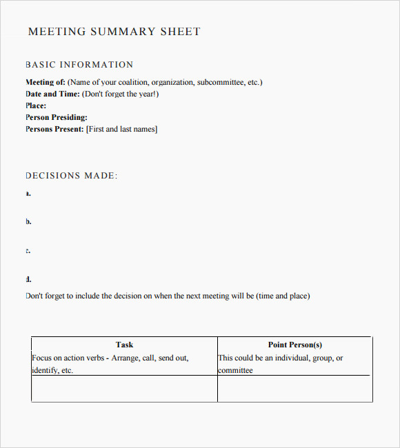sample meeting summary template