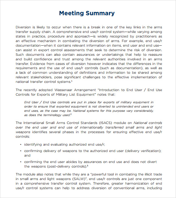 meeting summary format sample