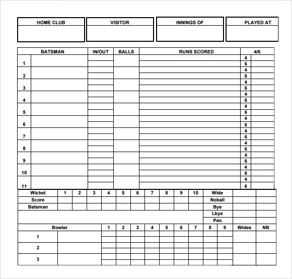 basic cricket score sheet template