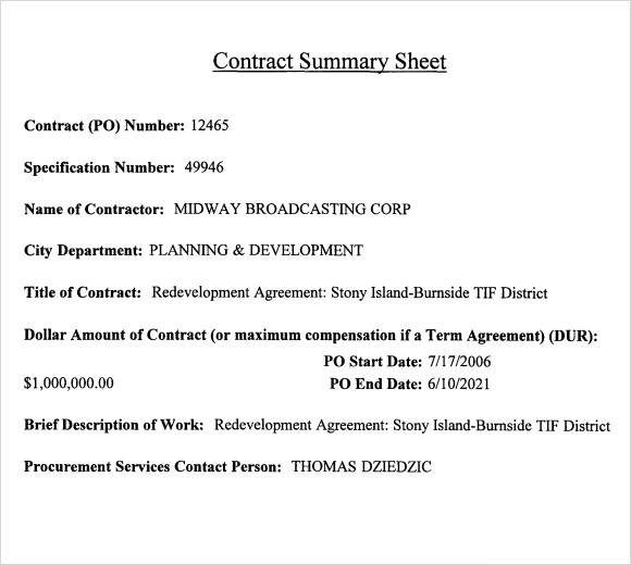 contract summary sheet template