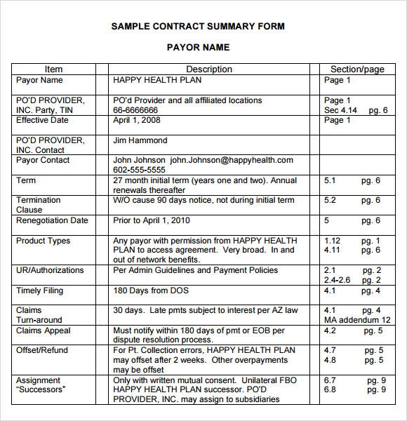 Free 12 Sample Contract Summary Templates In Pdf Ms Word Excel