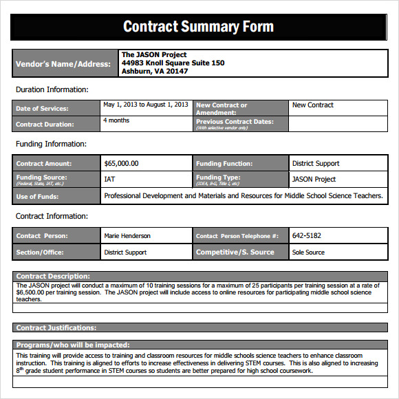 contract summary template