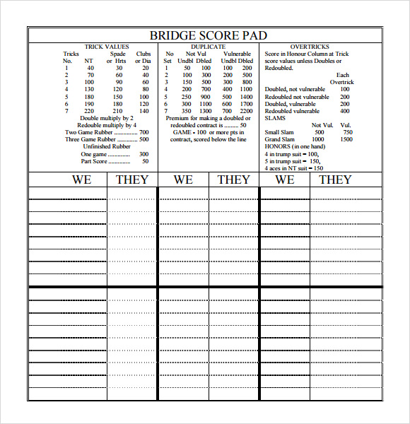 FREE 8+ Sample Bridge Score Sheet Templates in PDF
