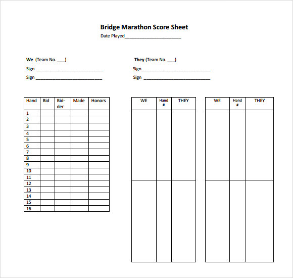 Printable Contract Bridge Score Sheet