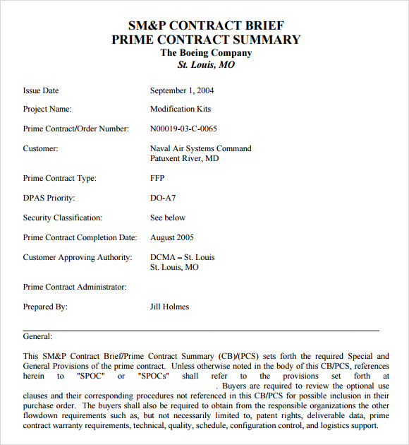 Free 12 Sample Contract Summary Templates In Pdf Ms Word Excel