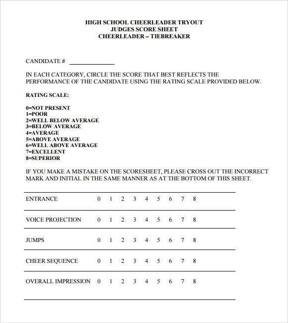 FREE 4+ Sample Cheerleading Tryout Score Sheet Templates in PDF