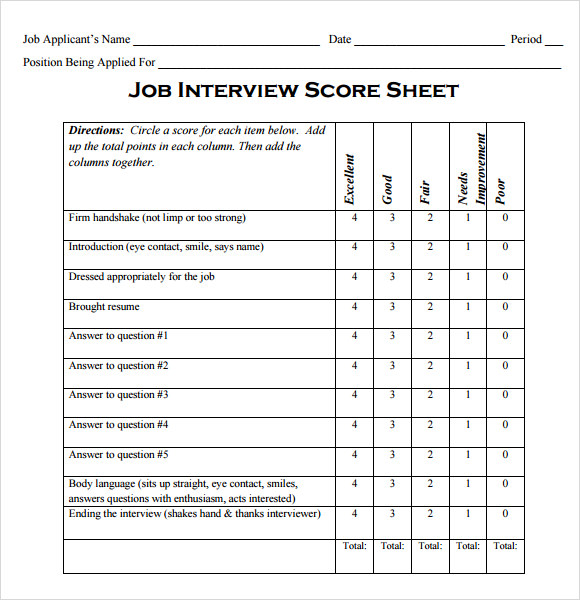 job interview score sheet template