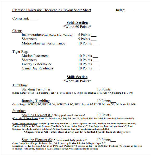 FREE 5+ Sample Cheerleading Tryout Score Sheet Templates in PDF